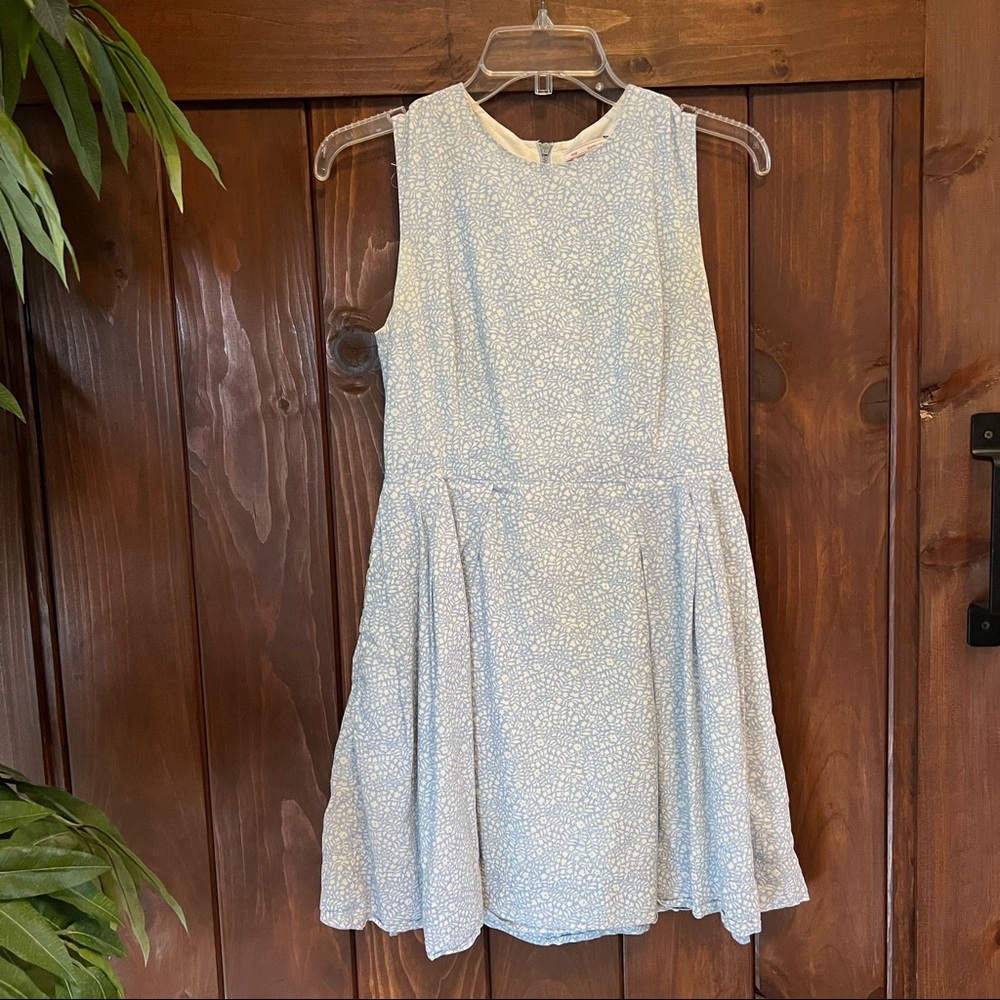 Gap Floral Blue and White Fit & Flare A-Line Pleated Cotton Mini Dress